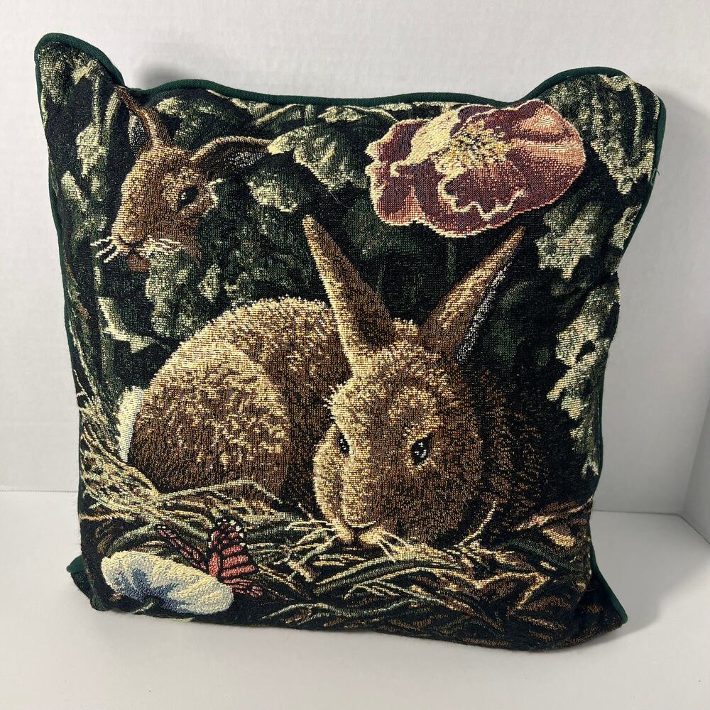 Spring Garden Tapestry 16x16 Pillow Rabbits Bunnies Flowers Butterfly